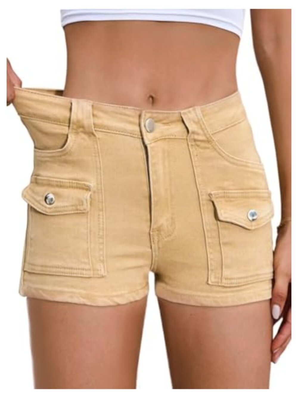 Women's Stretchy Twill Jean Shorts Mid Waisted Booty Denim Shorts with Pockets